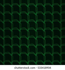 Dark green ornamental seamless pattern background in mesh-work style. Colorful, contrast design for banner, packing-paper, curtain or other purpose. Classic texture.
