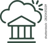A dark green outline a classical building with columns under a cloud. Sun rays emanate from the upper right.
