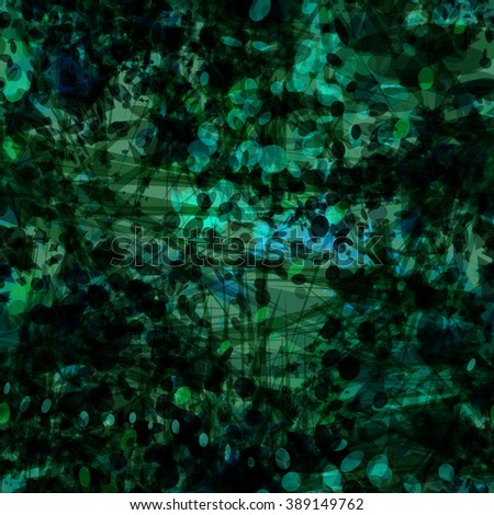 Dark green oval elements, scratches and triangular spots with acute angles mixed randomly. Vector seamless background