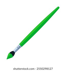 Dark green paintbrush with paint on bristles. Art supply, painting, and creativity concept. Flat vector illustration isolated on a white background