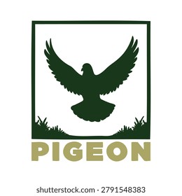 Dark green pigeon bird logo with grass and square frame design