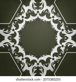 Dunkelgrüne Postkarte mit abstraktem weißem Ornament für Typografie.