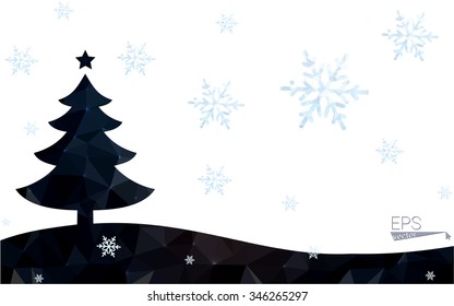 dark green postcard low polygon style christmas tree vector illustration consisting of triangles. Abstract polygonal origami or crystal design of New Years celebration. Isolated on white background.