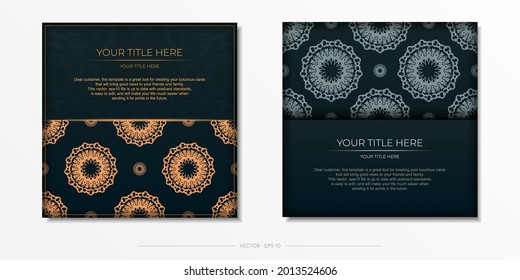 Dark green postcard template with abstract ornament. Elegant and classic vector elements ready for print and typography.