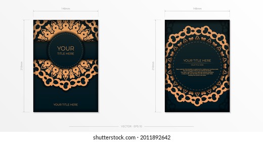 Dunkelgrüne Postkartenvorlage mit indischem Ornament. Elegante und klassische Vektorelemente, bereit für Druck und Typografie.