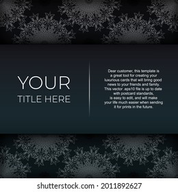 Dark green postcard template with white abstract ornament. Elegant and classic elements are great for decorating. Vector illustration.
