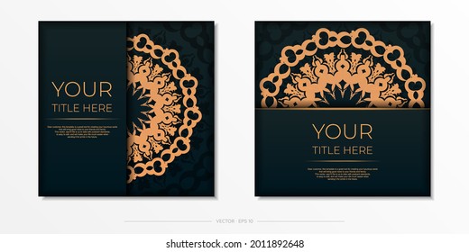 Dark green postcard template with white abstract mandala ornament. Elegant and classic vector elements ready for print and typography.