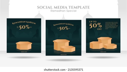 dark green ramadhan sale social media instagram square post template set with podium platform for product display
