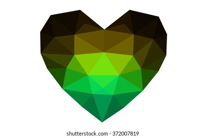 Dark green, red heart isolated on white background. Geometric rumpled triangular low poly origami style gradient graphic illustration. Vector polygonal design for your business.