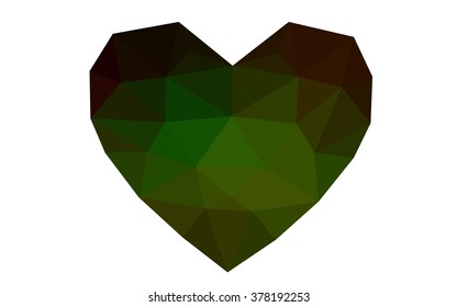 Dark green, red heart isolated on white background. Geometric rumpled triangular low poly origami style gradient graphic illustration. Vector polygonal design for your business.