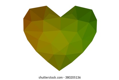 Dark green, red heart isolated on white background. Geometric rumpled triangular low poly origami style gradient graphic illustration. Vector polygonal design for your business.