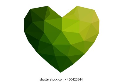 Dark green, red heart isolated on white background. Geometric rumpled triangular low poly origami style gradient graphic illustration. Vector polygonal design for your business.