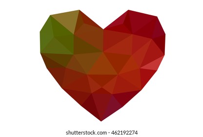 Dark green, red heart isolated on white background. Geometric rumpled triangular low poly origami style gradient graphic illustration. Vector polygonal design for your business.