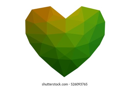 Dark green, red heart isolated on white background. Geometric rumpled triangular low poly origami style gradient graphic illustration. Vector polygonal design for your business.