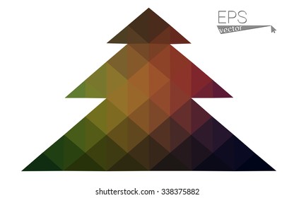 Dark green red low polygon style christmas tree vector illustration consisting of triangles. Abstract polygonal origami or crystal design of New Years celebration. Isolated on white background.