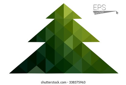 Dark green red low polygon style christmas tree vector illustration consisting of triangles. Abstract polygonal origami or crystal design of New Years celebration. Isolated on white background.