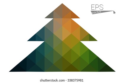 Dark green red low polygon style christmas tree vector illustration consisting of triangles. Abstract polygonal origami or crystal design of New Years celebration. Isolated on white background.