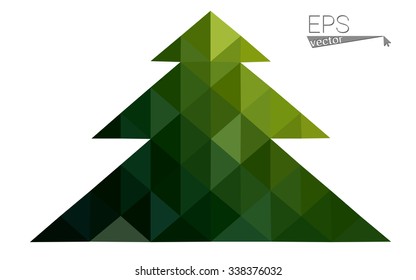 Dark green red low polygon style christmas tree vector illustration consisting of triangles. Abstract polygonal origami or crystal design of New Years celebration. Isolated on white background.