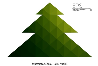 Dark green red low polygon style christmas tree vector illustration consisting of triangles. Abstract polygonal origami or crystal design of New Years celebration. Isolated on white background.