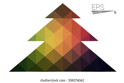 Dark green red low polygon style christmas tree vector illustration consisting of triangles. Abstract polygonal origami or crystal design of New Years celebration. Isolated on white background.
