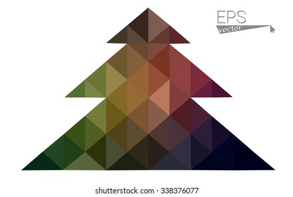 Dark green red low polygon style christmas tree vector illustration consisting of triangles. Abstract polygonal origami or crystal design of New Years celebration. Isolated on white background.