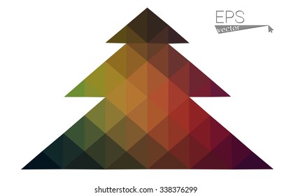 Dark green red low polygon style christmas tree vector illustration consisting of triangles. Abstract polygonal origami or crystal design of New Years celebration. Isolated on white background.