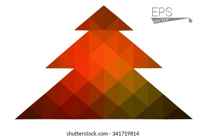 Dark green red low polygon style christmas tree vector illustration consisting of triangles. Abstract polygonal origami or crystal design of New Years celebration. Isolated on white background.