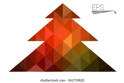 Dark green red low polygon style christmas tree vector illustration consisting of triangles. Abstract polygonal origami or crystal design of New Years celebration. Isolated on white background.