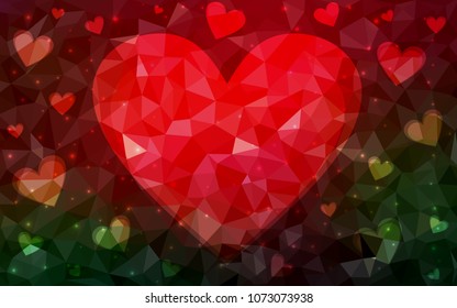 Dark Green, Red vector abstract Triangle Geometrical Heart on white polygonal background. Happy Valentine's Day Greeting Card. Stock template for your design.