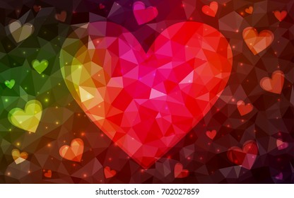 Dark Green, Red vector abstract glitter heart shape on white background in love concept for valentine's day with sweet and romantic moment. Polygonal design for your business.