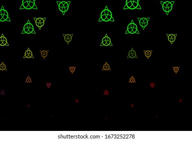 Dark Green, Red vector backdrop with mystery symbols. Illustration with magical signs of spiritual power. Background for esoteric, mystic designs.