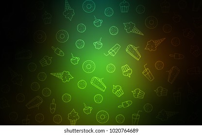 Dark Green, Red vector background with tasty sweets. Glitter abstract sketch with sweets, candies, desserts. Template of children's food in cafe.