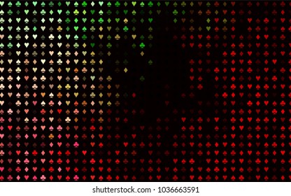 Dark Green, Red vector background with cards signs. Blurred decorative design of hearts, spades, clubs, diamonds. Design for ad, poster, banner of gambling websites.