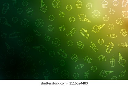 Dark Green, Red vector background with tasty sweets. Illustration with set of sweet food in doodle style. Pattern for ads of breakfast, lunch, dinner.
