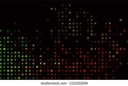 Dark Green, Red vector background with cards signs. Blurred decorative design of hearts, spades, clubs, diamonds. Template for business cards of casinos.