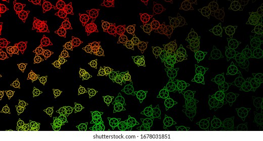 Dark Green, Red vector background with occult symbols. Illustration with magical signs of spiritual power. Simple base for your occult design.