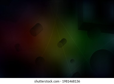 Dark Green, Red vector background with 3D cubes, cylinders, spheres, rectangles. Abstract background with gradient geometric pattern. Smart design for business ads.
