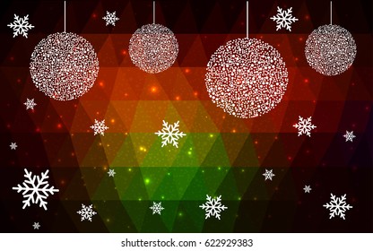 Dark Green Red vector christmas polygon background. Low poly Illustration consisting of triangles with snowflakes. Texture, seamless background of New Year celebration.