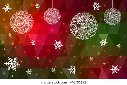 Dark Green Red vector christmas polygon background. Low poly Illustration consisting of triangles with snowflakes. Texture, seamless background of New Year celebration.