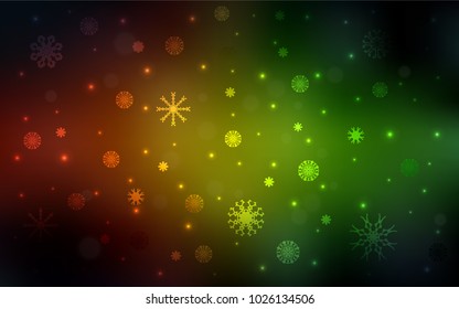 Dark Green, Red vector cover with beautiful snowflakes. Decorative shining illustration with snow on abstract template. The template can be used as a new year background.
