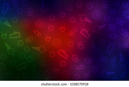 Dark Green, Red vector cover with set of confections. Glitter abstract sketch with sweets, candies, desserts. Pattern for ads of breakfast, lunch, dinner.