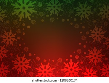 Dark Green, Red vector cover with beautiful snowflakes. Shining colored illustration with snow in christmas style. The pattern can be used for new year ad, booklets.