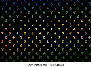Dark green, red vector cover with symbols of gamble. Illustration with set of hearts, spades, clubs, diamonds. Smart design for your business advert of casinos.