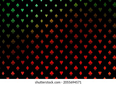 Funda vectorial roja verde oscuro con símbolos de juego. Gradiente colorido con signos de corazones, espadas, palos, diamantes. Patrón de folletos, volantes de casas de juego.