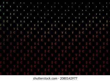 Dark green, red vector cover with EUR, USD, GBP, JPY. Modern abstract illustration with symbols of money. The pattern can be used for financial, investment websites.