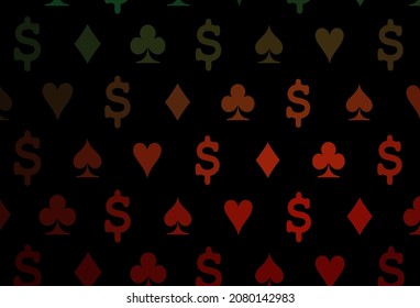 Dark green, red vector cover with symbols of gamble. Shining illustration with hearts, spades, clubs, diamonds. Template for business cards of casinos.