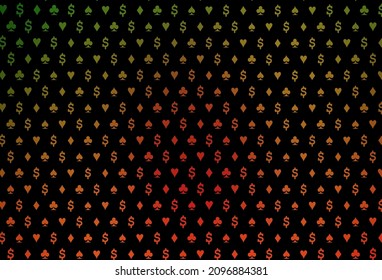 Dark green, red vector cover with symbols of gamble. Shining illustration with hearts, spades, clubs, diamonds. Pattern for booklets, leaflets of gambling houses.