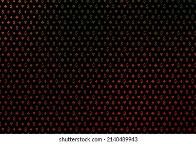 Funda vectorial roja verde oscuro con símbolos de juego. Esbozo abstracto brillante con símbolos aislados de cartas de juego. Plantilla para tarjetas de visita de casinos.