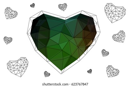 Dark Green, Red vector greeting Card Happy Valentine's Day. Lettering with hearts on the white polygonal background. Colored triangular illustration for your business.