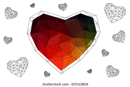 Dark Green, Red vector greeting Card Happy Valentine's Day. Lettering with hearts on the white polygonal background. Colored triangular illustration for your business.